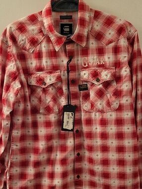 G-Star Red and White Plaid Button-Up Shirt